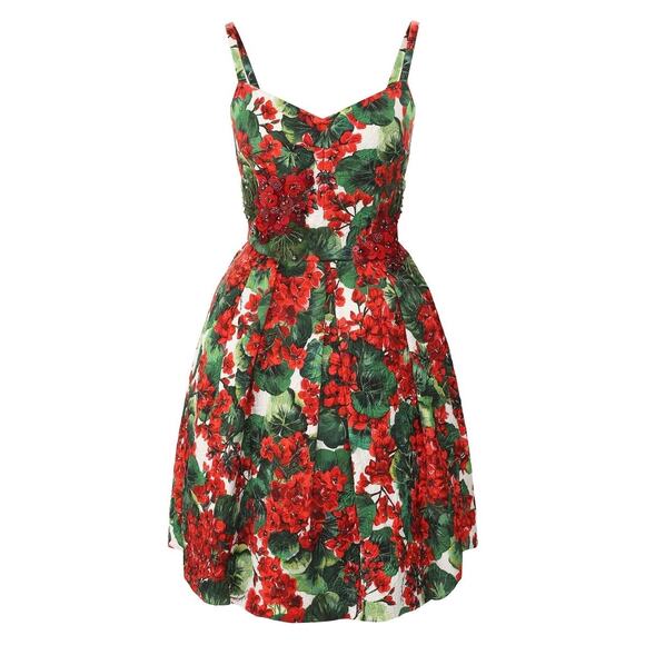 NWT Dolce & Gabbana Red Floral Geranium Pleated Mini Dress IT 42 M - Picture 3 of 9